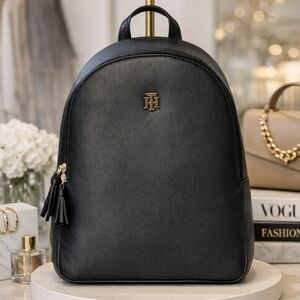 Tommy Hilfiger Black Leather Backpack Purse Silver Logo Tassel Zip 13x10x5 in